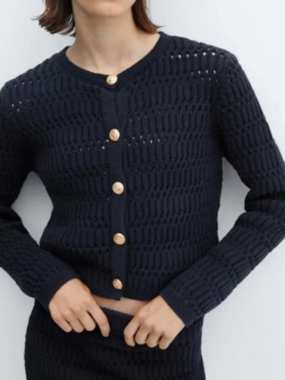 Mango Navy Blue Knit Button-Up Cardigan with Gold Buttons - Picture 5 of 5